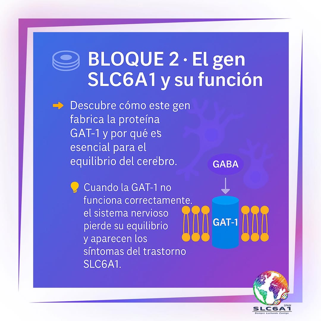 Ilustración educativa sobre el ADN, el gen SLC6A1, la proteína GAT-1 y el neurotransmisor GABA
